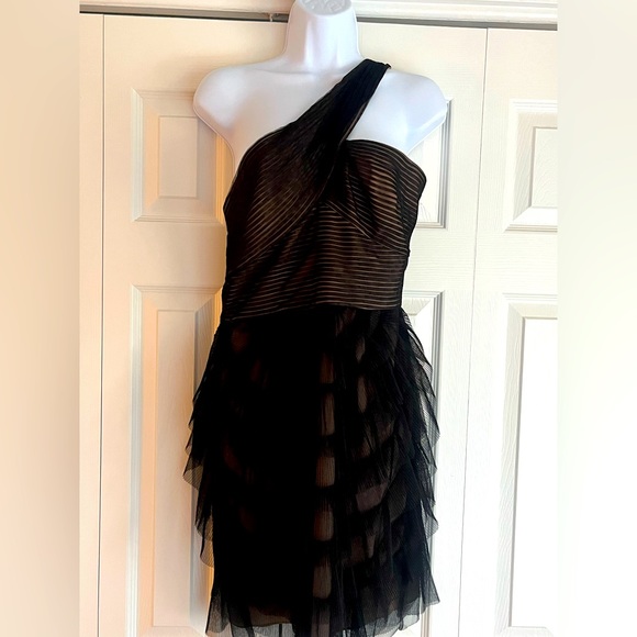 BCBGmaxazria One Shoulder Black Toile + Tan Lining Cocktail Dress - Picture 1 of 5